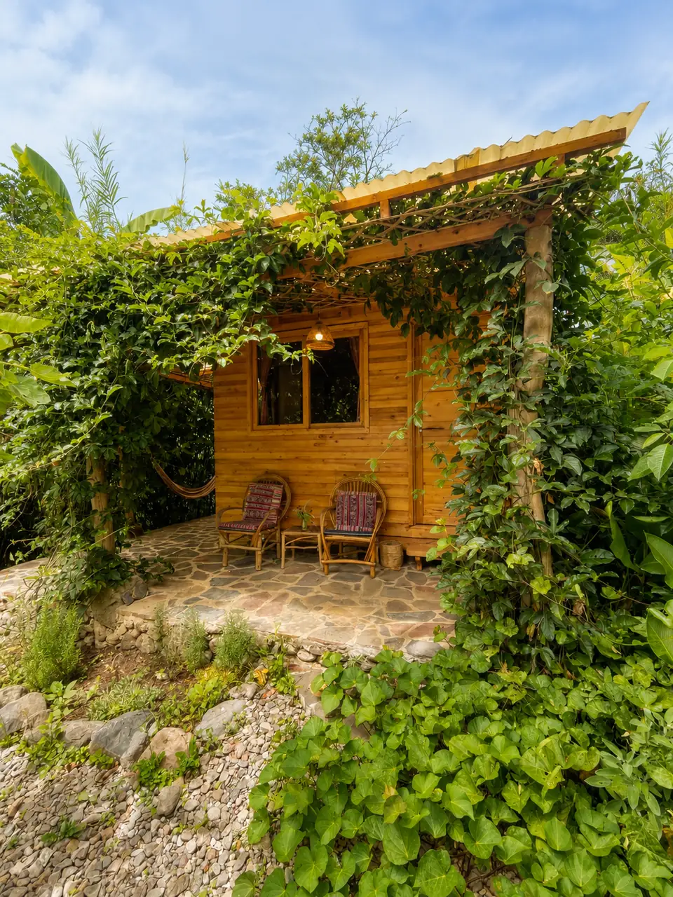 Garden Cabin: exterior covered in vines, porch chairs, garden.