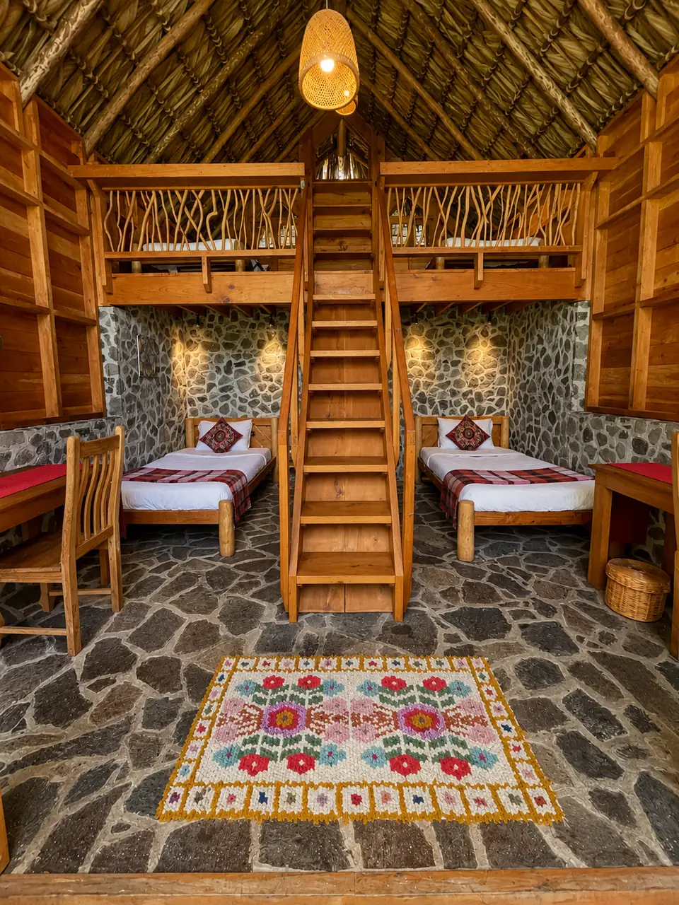 Kiya: full interior: ladder to the loft, two beds, embroidered rug.