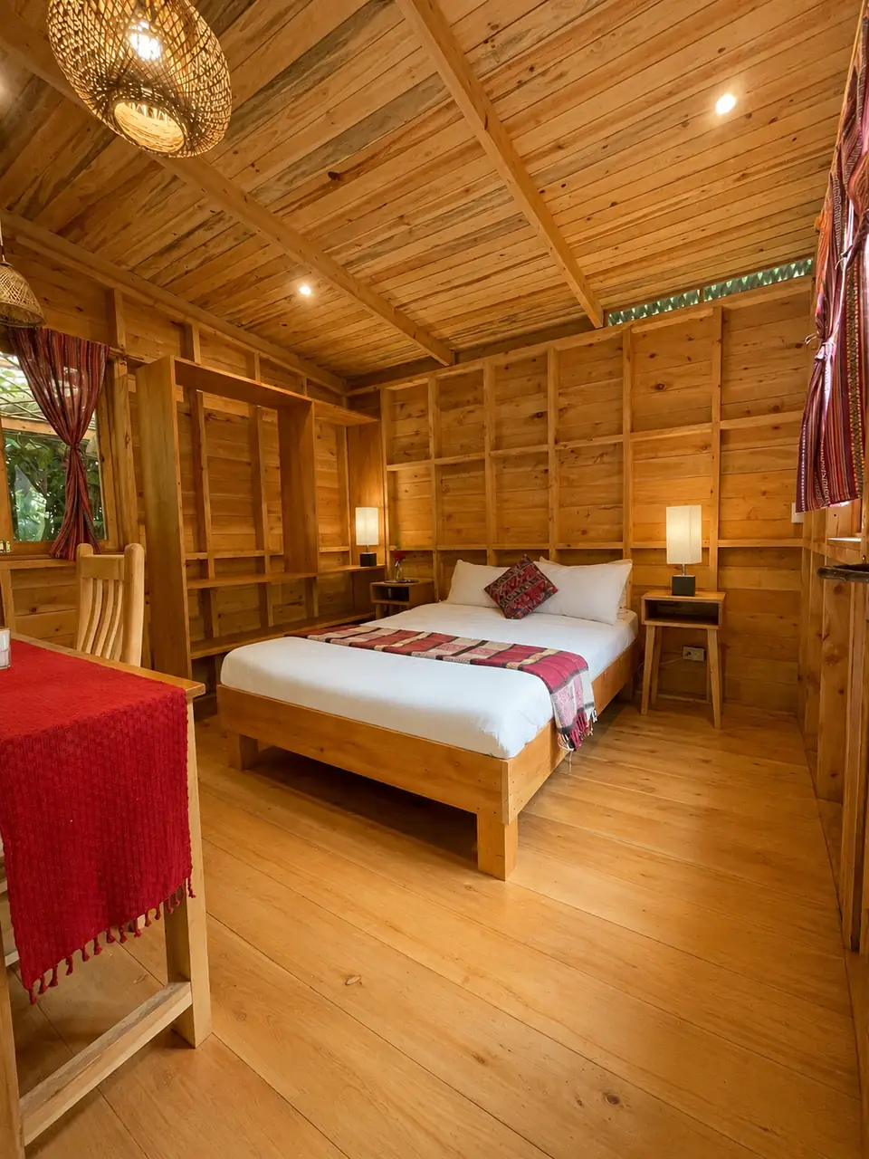 Garden Cabin: bed and desk with red textile, warm light.