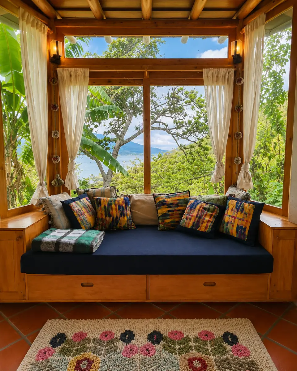 Casita: window seat with cushions and a lake view.