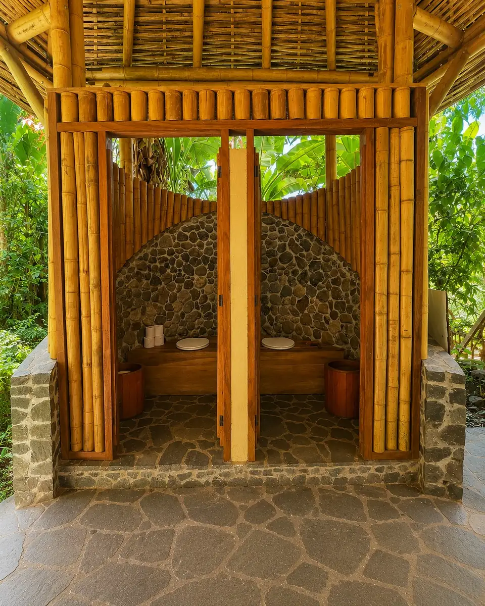 Shared bathhouse: two stone-walled stalls under the thatched roof