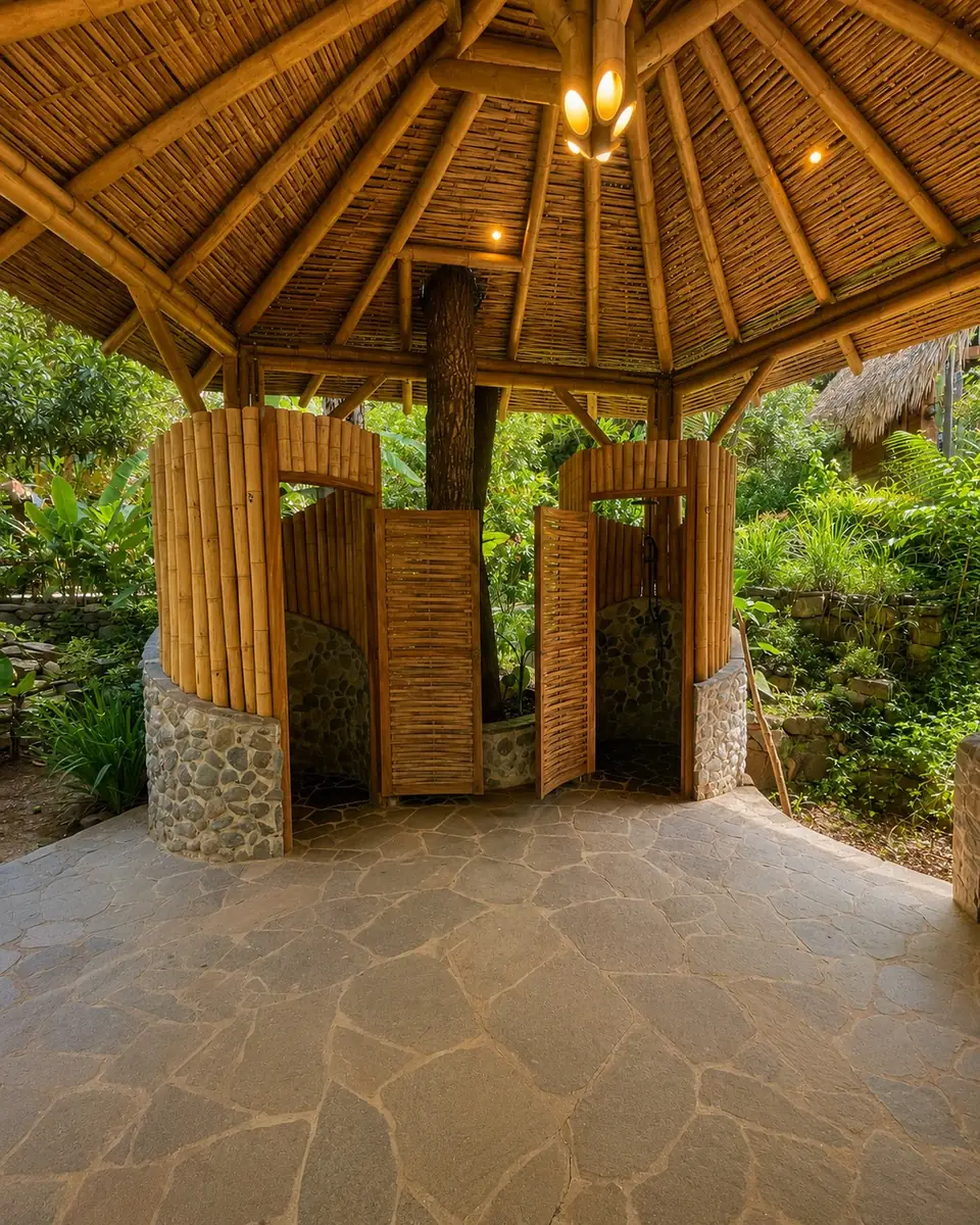 Shared bathhouse with round stalls and lanterns