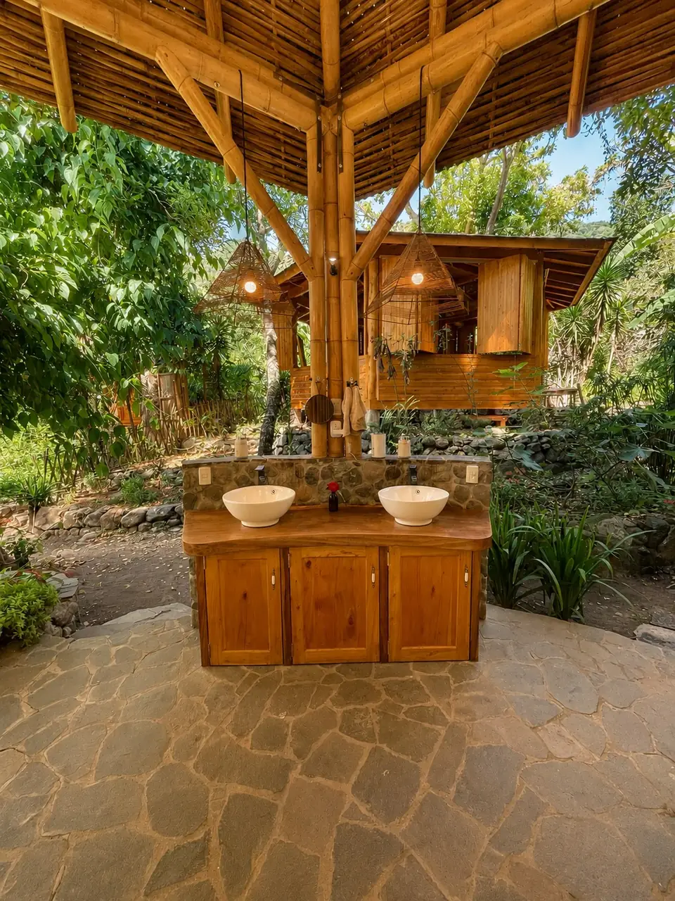 Shared bathhouse sink counter with two bowl basins