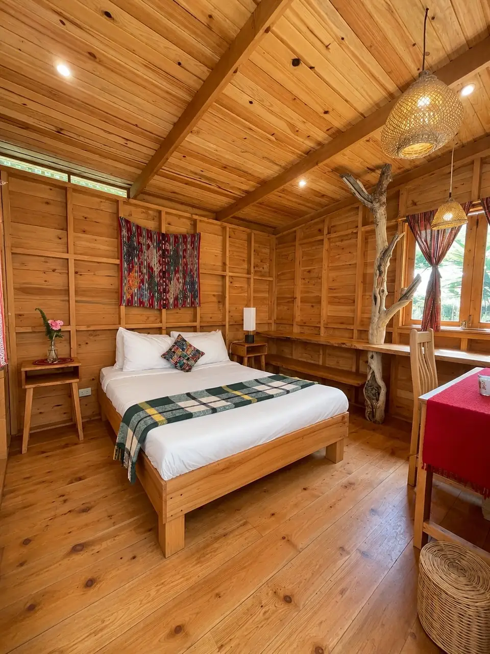 Garden Cabin: bed with textile wall hanging and pendant lamp.