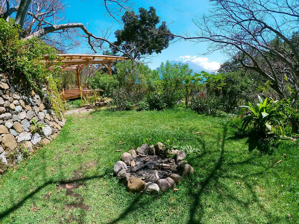 The stone fire circle on the lawn