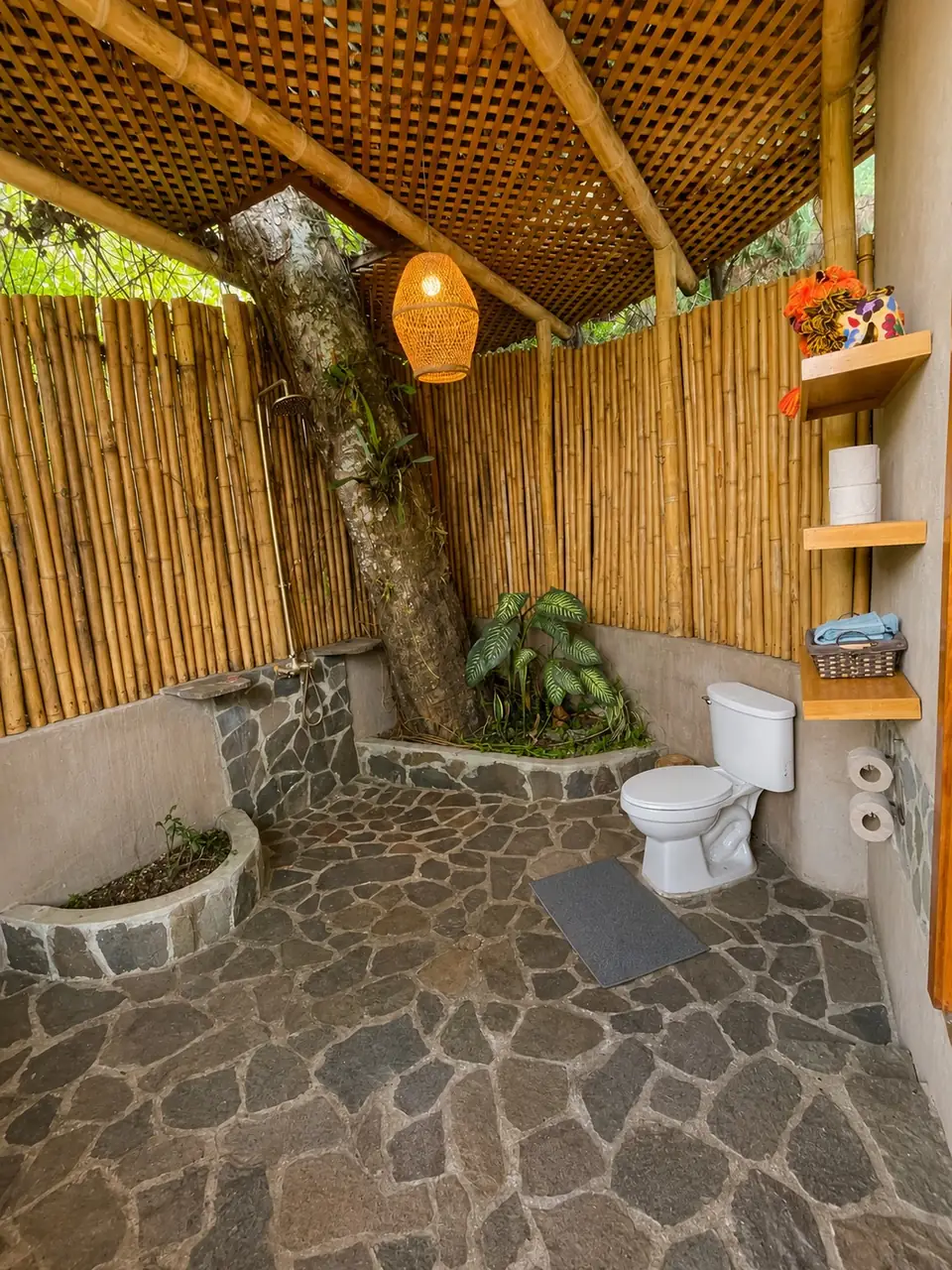 Casita: open-air ensuite bathroom with the flush toilet, built around a tree.