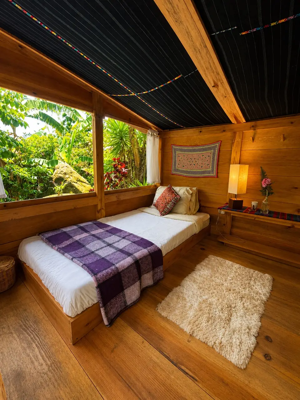 Tambo: single bed, lamp and rug.