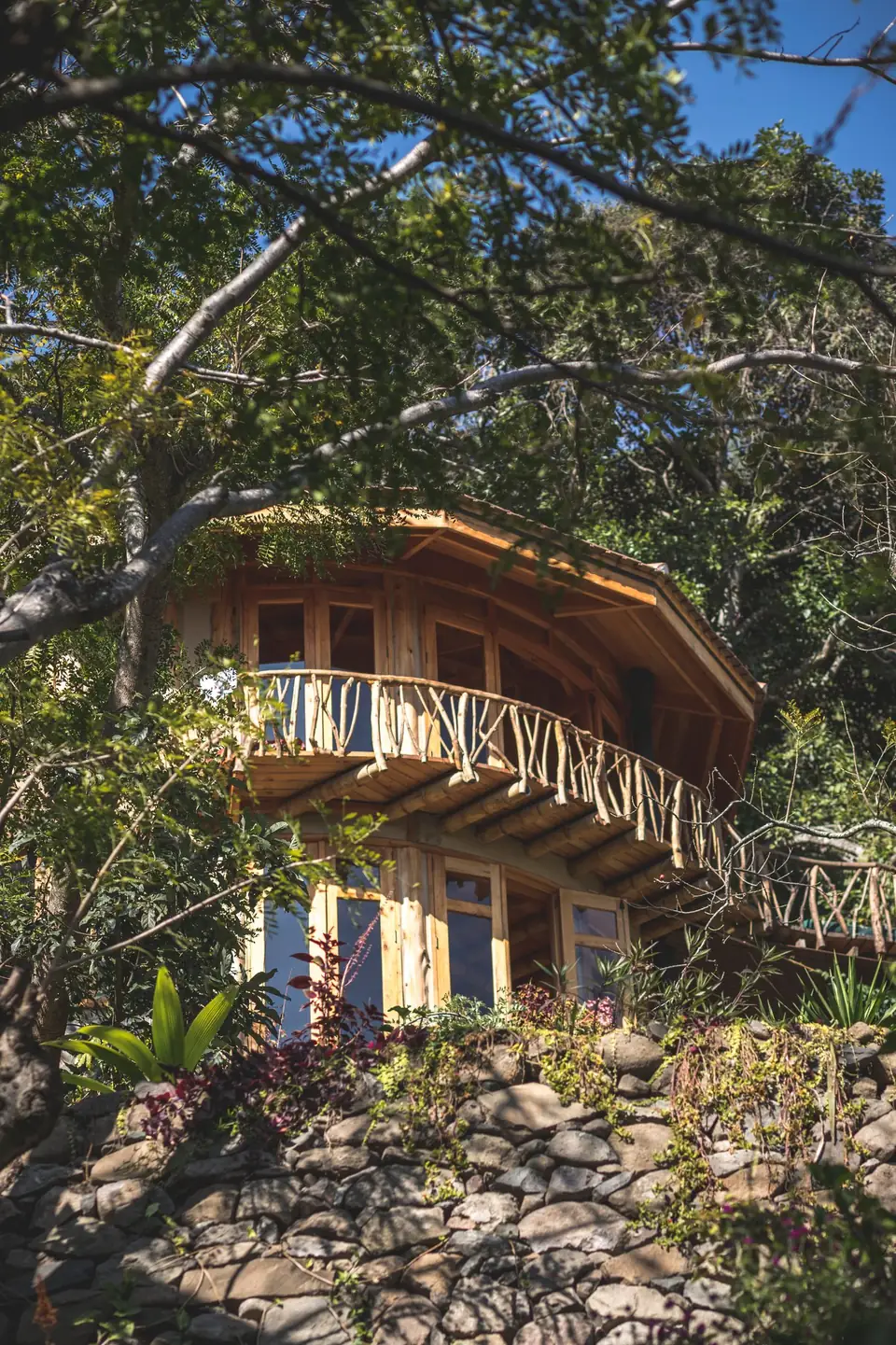 A wooden guest house among the trees at Casa Kula
